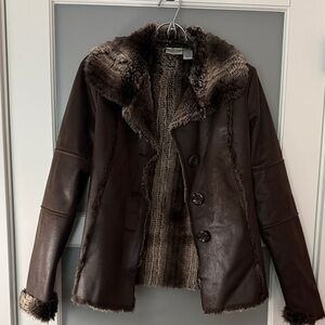 Chico's Dark Brown Shearling-Trim Leather Jacket